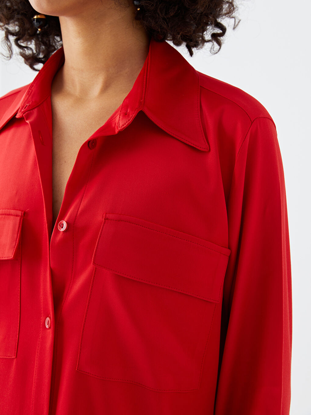 Turuncu Önden Düğme Kapamalı Uzun Kollu Saten Kadın Gömlek-3