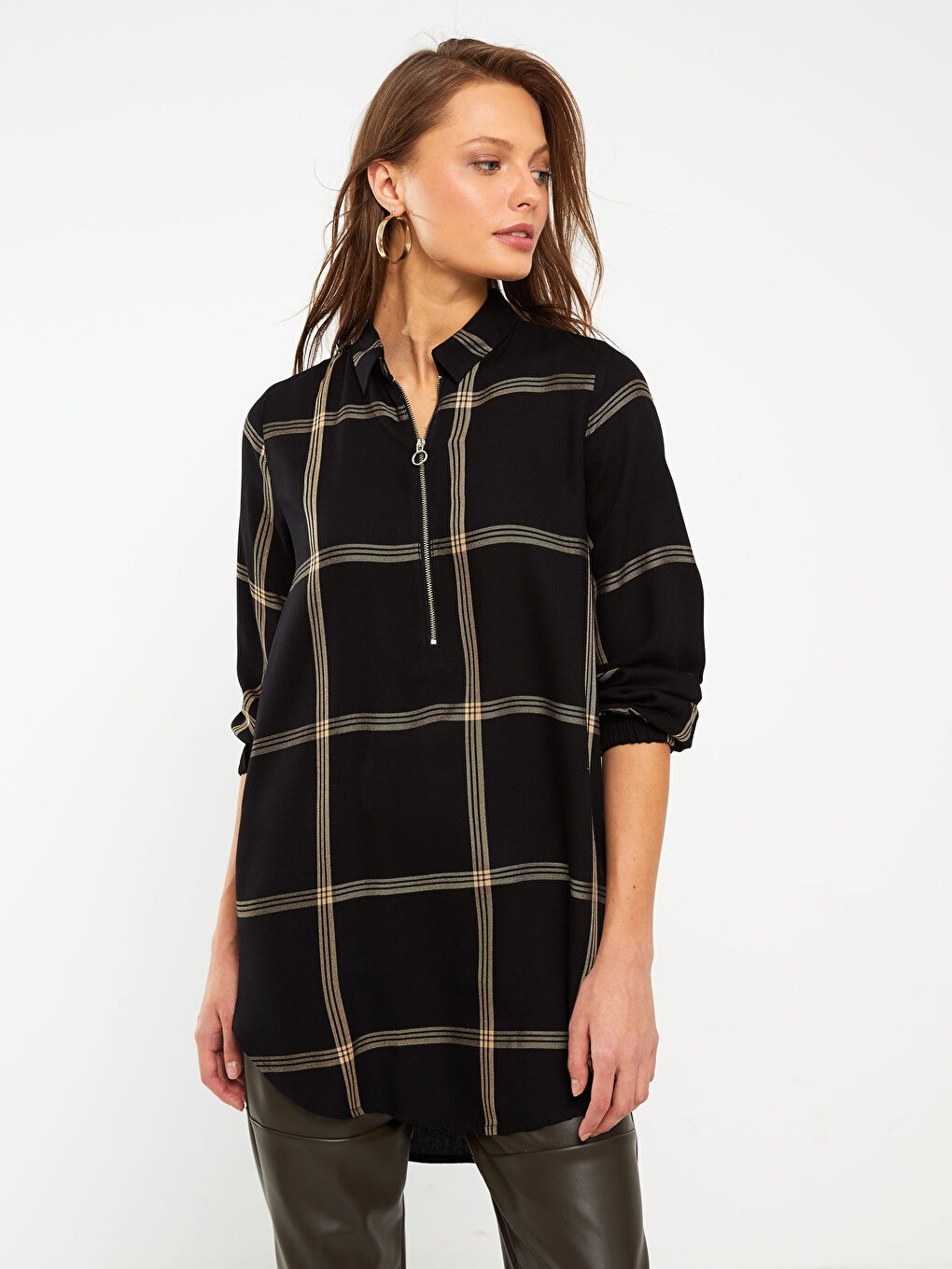 Bej Ekose Uzun Kollu Kadın Gömlek Tunik