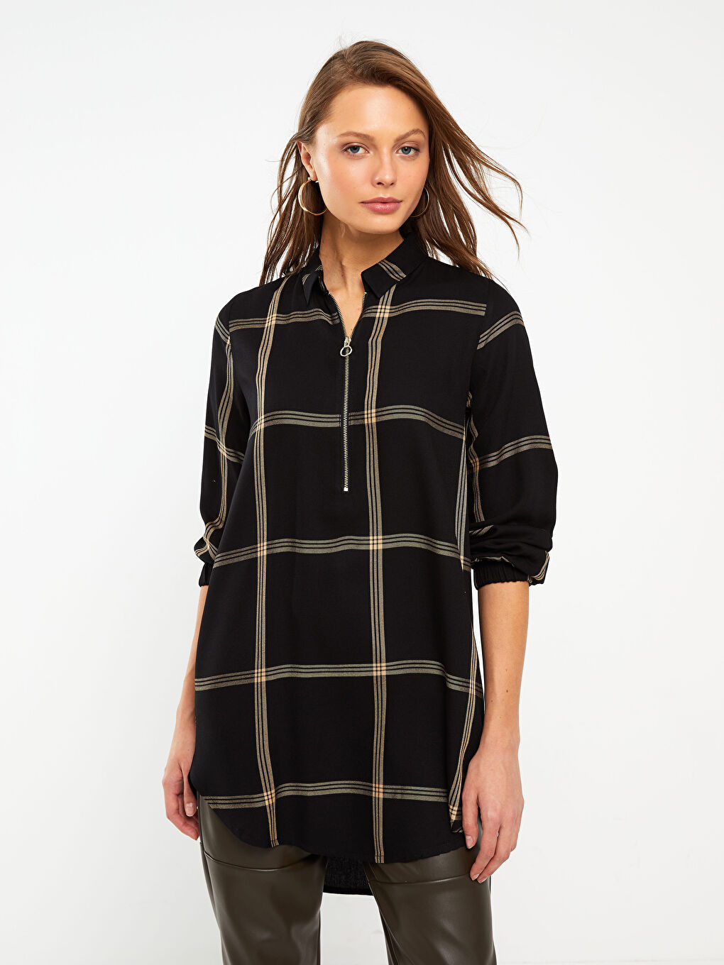 Bej Ekose Uzun Kollu Kadın Gömlek Tunik-1