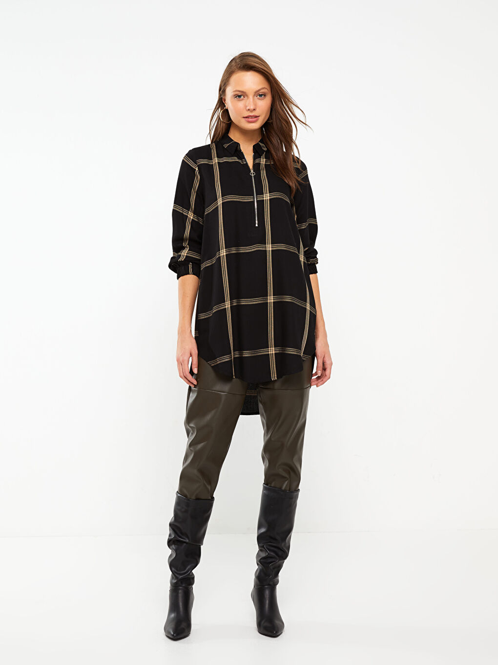 Bej Ekose Uzun Kollu Kadın Gömlek Tunik-2