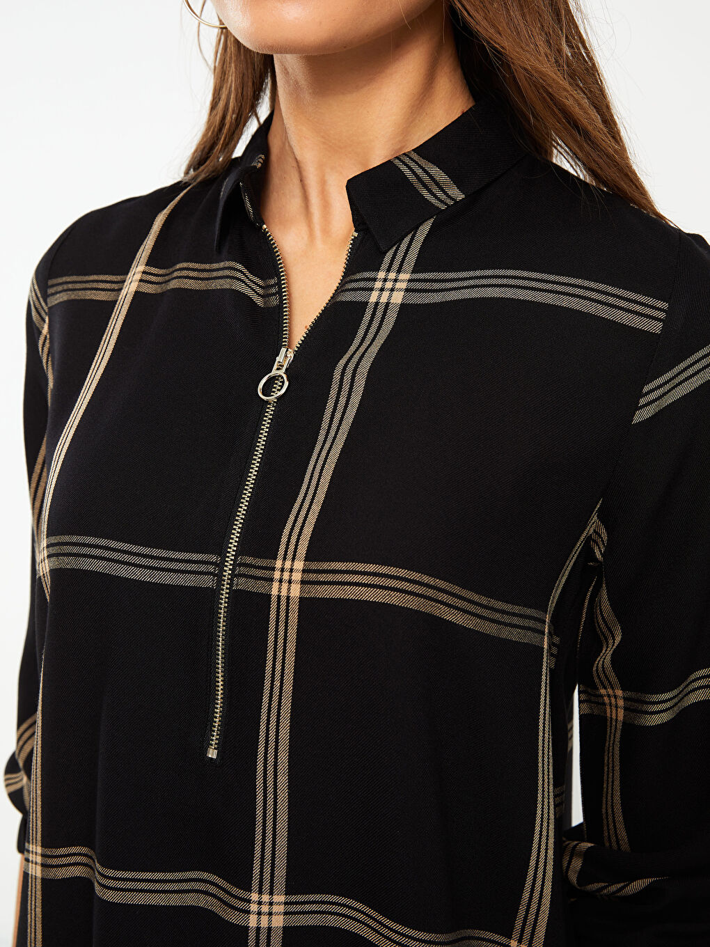 Bej Ekose Uzun Kollu Kadın Gömlek Tunik-3