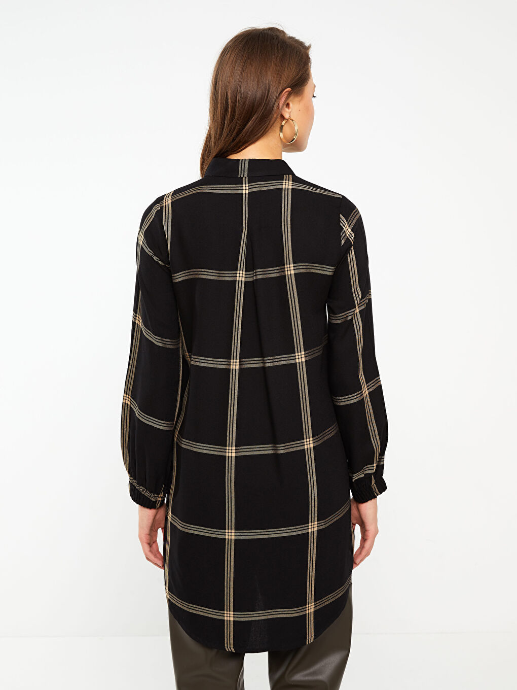 Bej Ekose Uzun Kollu Kadın Gömlek Tunik-4