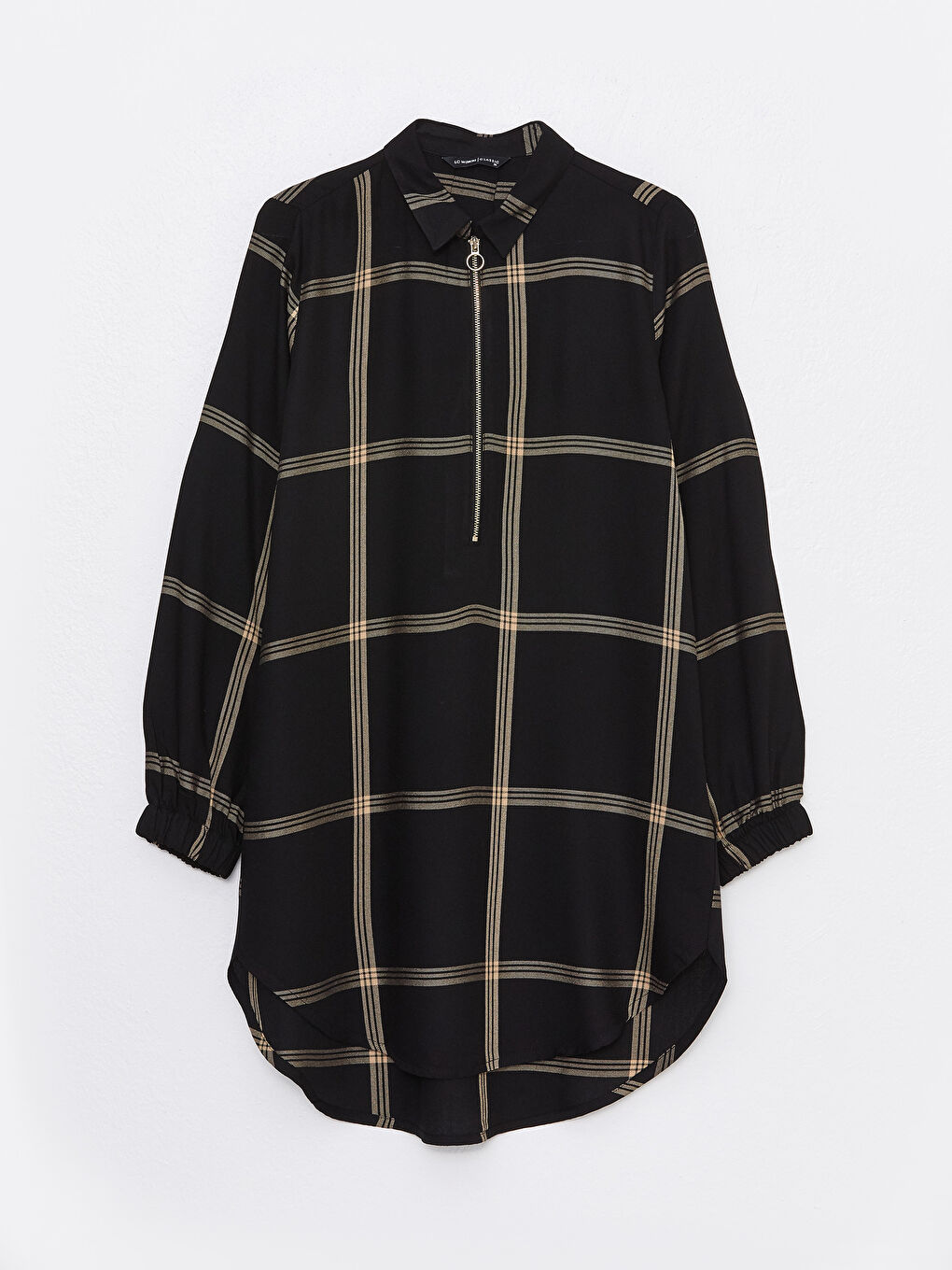 Bej Ekose Uzun Kollu Kadın Gömlek Tunik-5