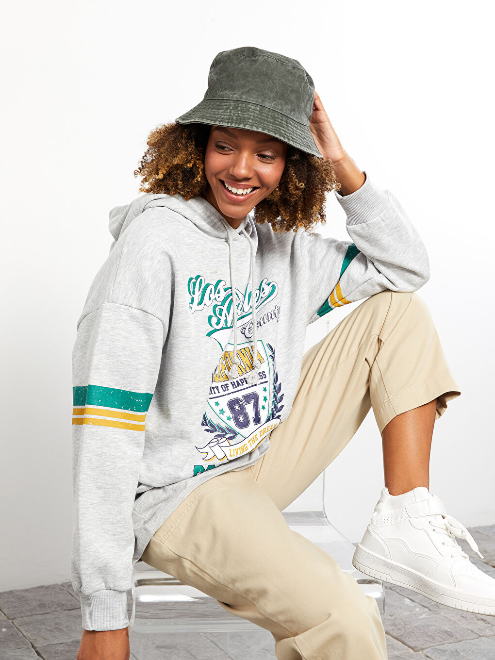 Gri Baskılı Oversize Kadın Kalın Hoodie