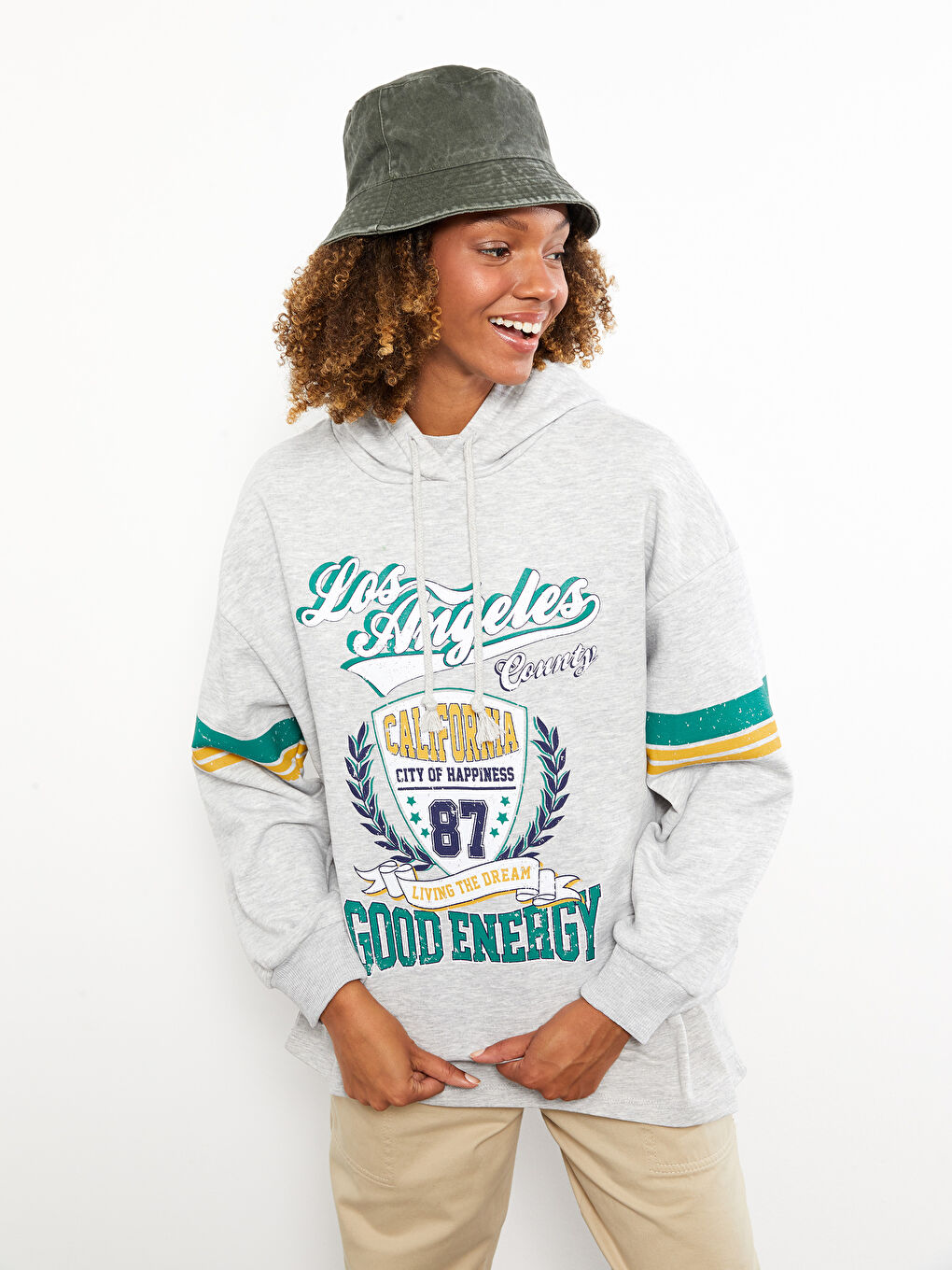 Gri Baskılı Oversize Kadın Kalın Hoodie-1