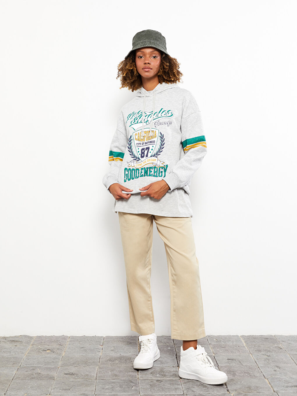 Gri Baskılı Oversize Kadın Kalın Hoodie-2