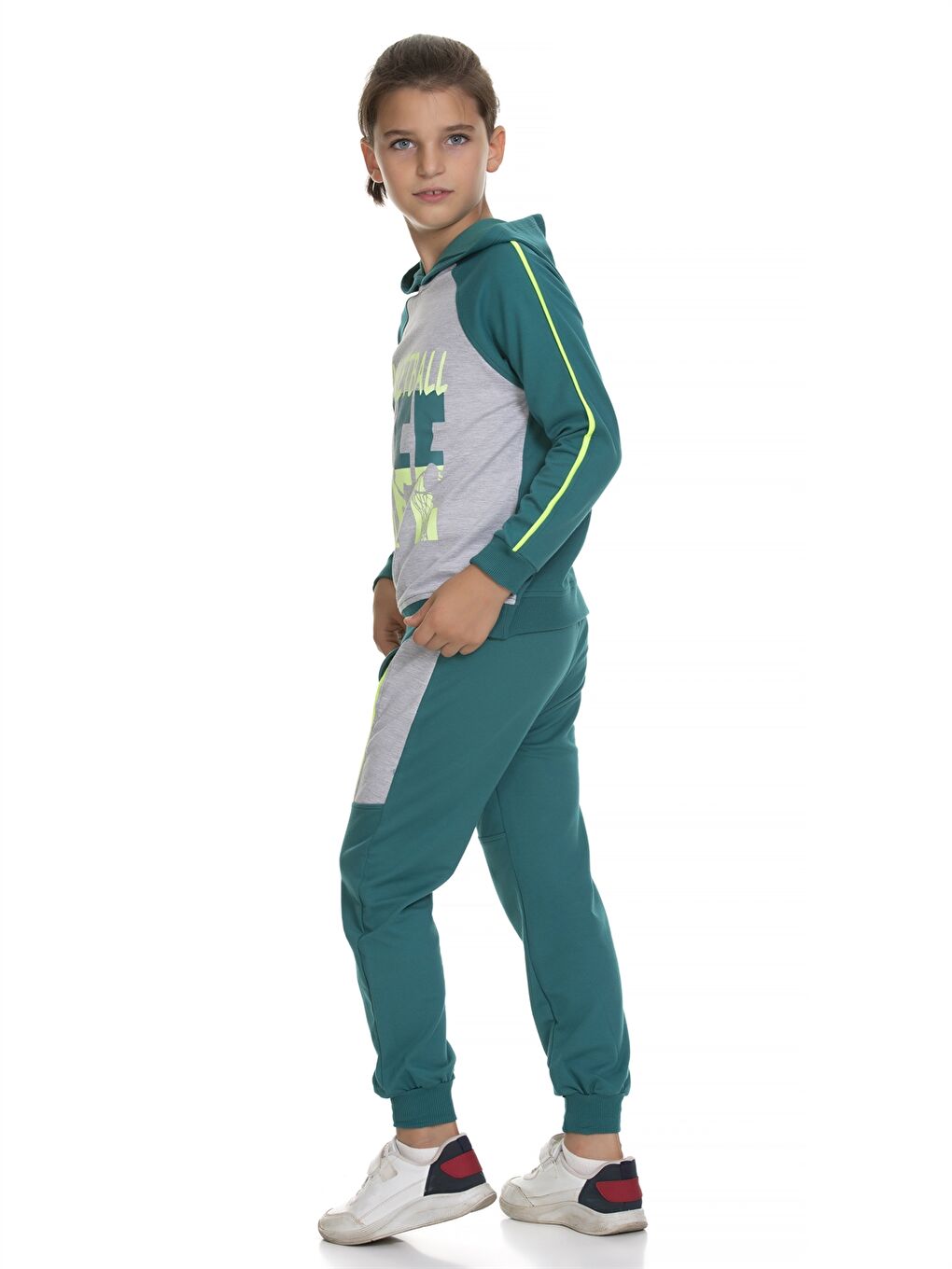 Yeşil Kapüşonlu Baskılı Uzun Kollu Erkek Çocuk Sweatshirt ve Eşofman Altı-3