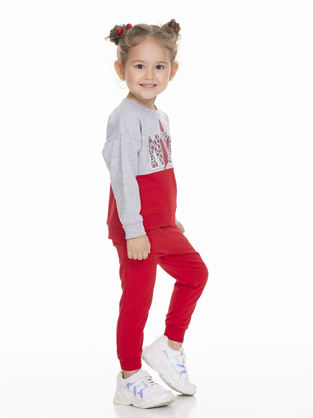 Kırmızı Bisiklet Yaka Uzun Kollu Baskılı Kız Bebek 2'li Takım-1