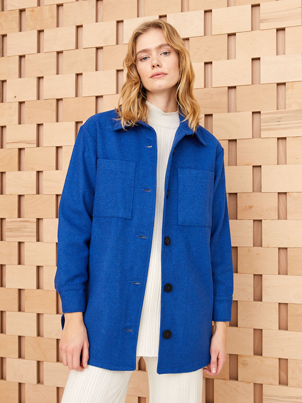 Mavi Düz Uzun Kollu Kadın Kaşe Gömlek Ceket-1