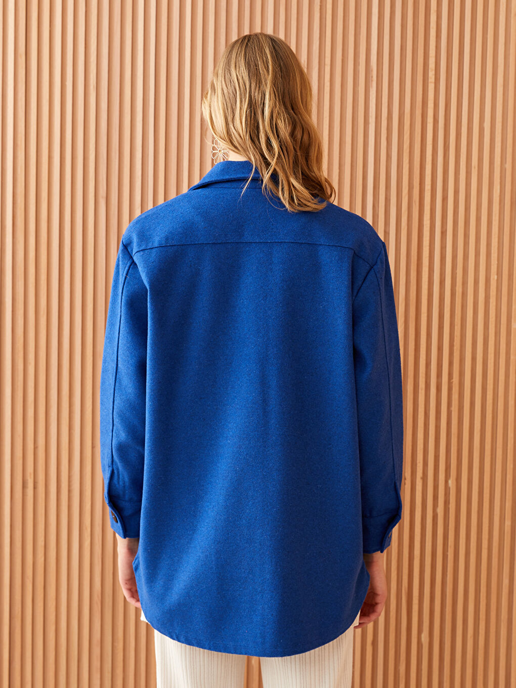 Mavi Düz Uzun Kollu Kadın Kaşe Gömlek Ceket-4