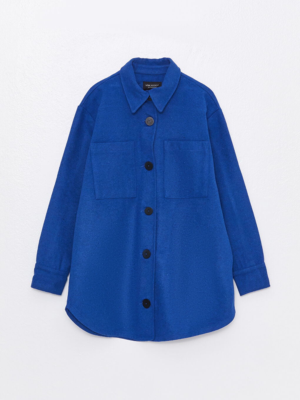 Mavi Düz Uzun Kollu Kadın Kaşe Gömlek Ceket-6