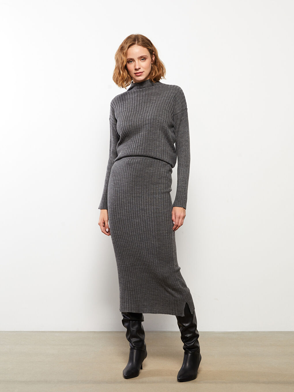 LCW Modest Women's Elasticated Waist Plain Knitwear Skirt -W2J563Z8-SMY