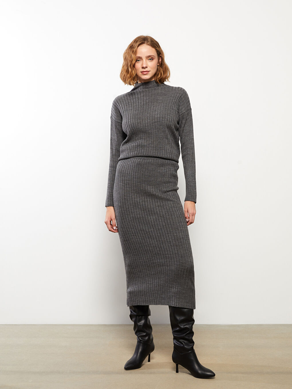 LCW Modest Women's Elasticated Waist Plain Knitwear Skirt -W2J563Z8-SMY