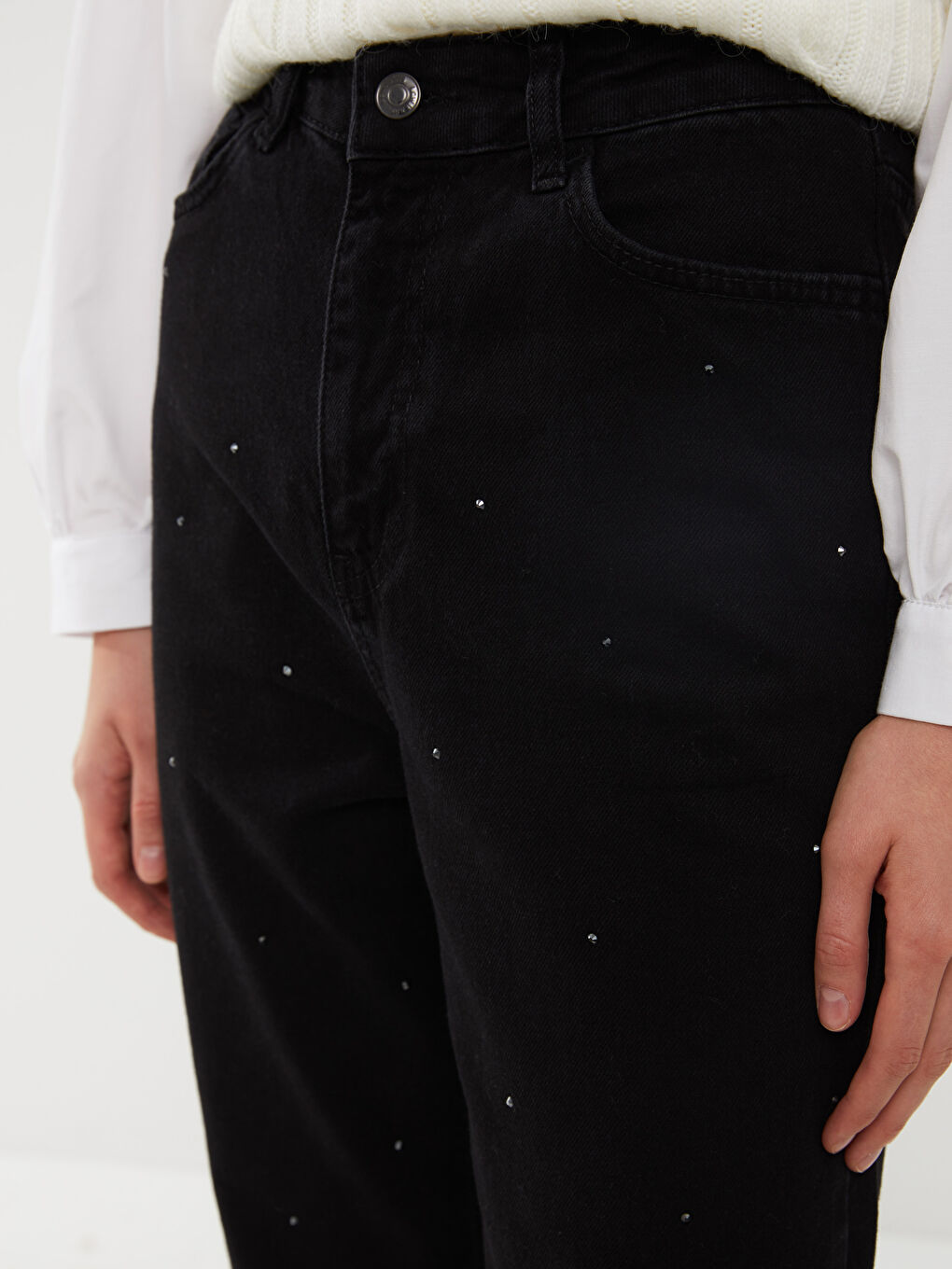 Siyah Straight Fit Taşlı Kadın Jean Pantolon-2