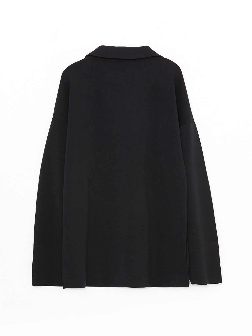 Siyah Polo Yaka Düz Uzun Kollu Kadın Sweatshirt-6