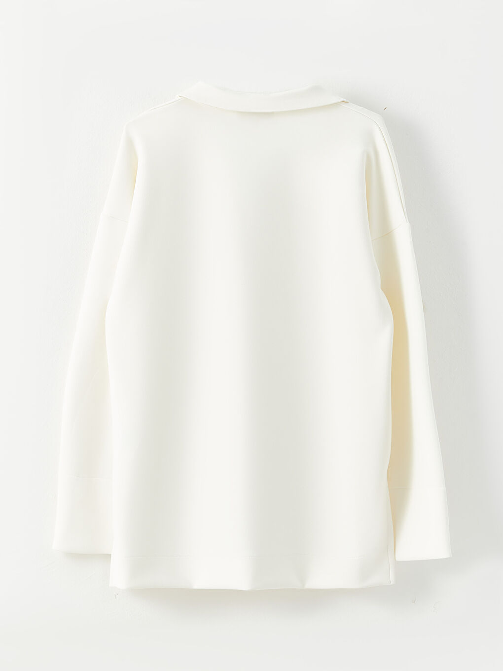 Ekru Polo Yaka Düz Uzun Kollu Kadın Sweatshirt-1