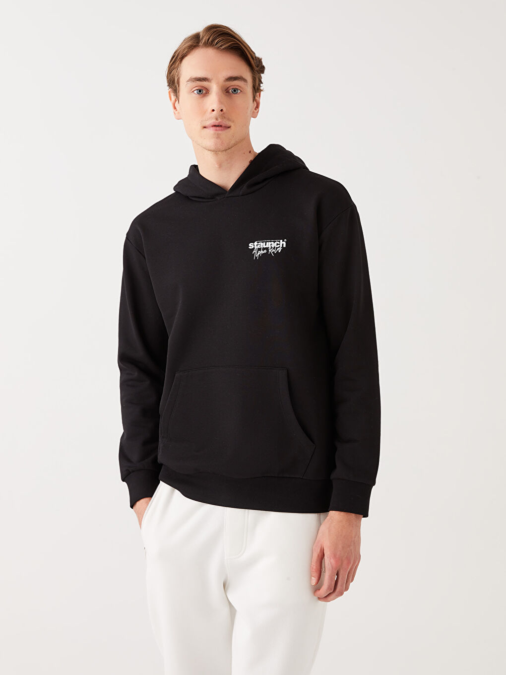 Siyah Uzun Kollu Baskılı Erkek Kalın Hoodie-1