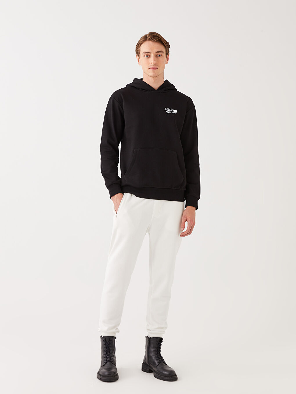 Siyah Uzun Kollu Baskılı Erkek Kalın Hoodie-2