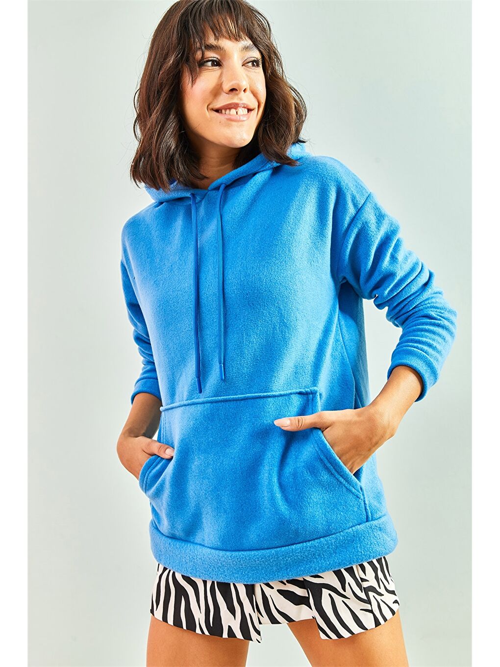 Mavi Kapüşonlu Düz Uzun Kollu Kadın Sweatshirt