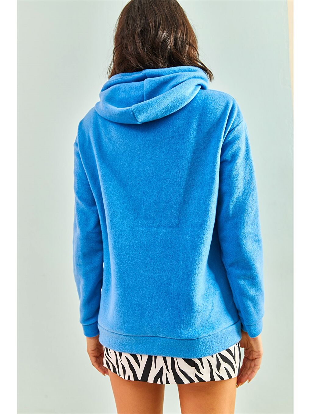 Mavi Kapüşonlu Düz Uzun Kollu Kadın Sweatshirt-1