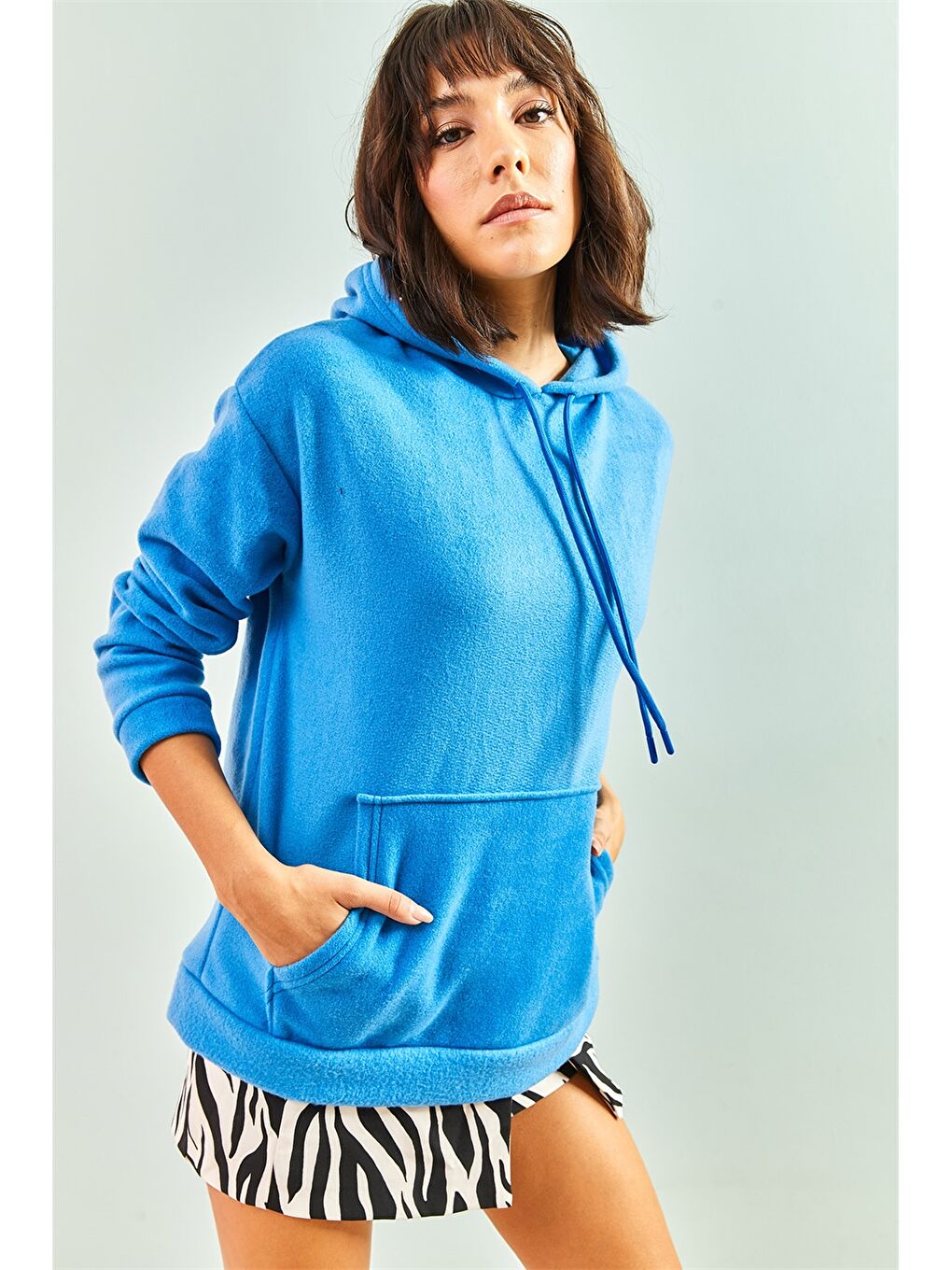 Mavi Kapüşonlu Düz Uzun Kollu Kadın Sweatshirt-2