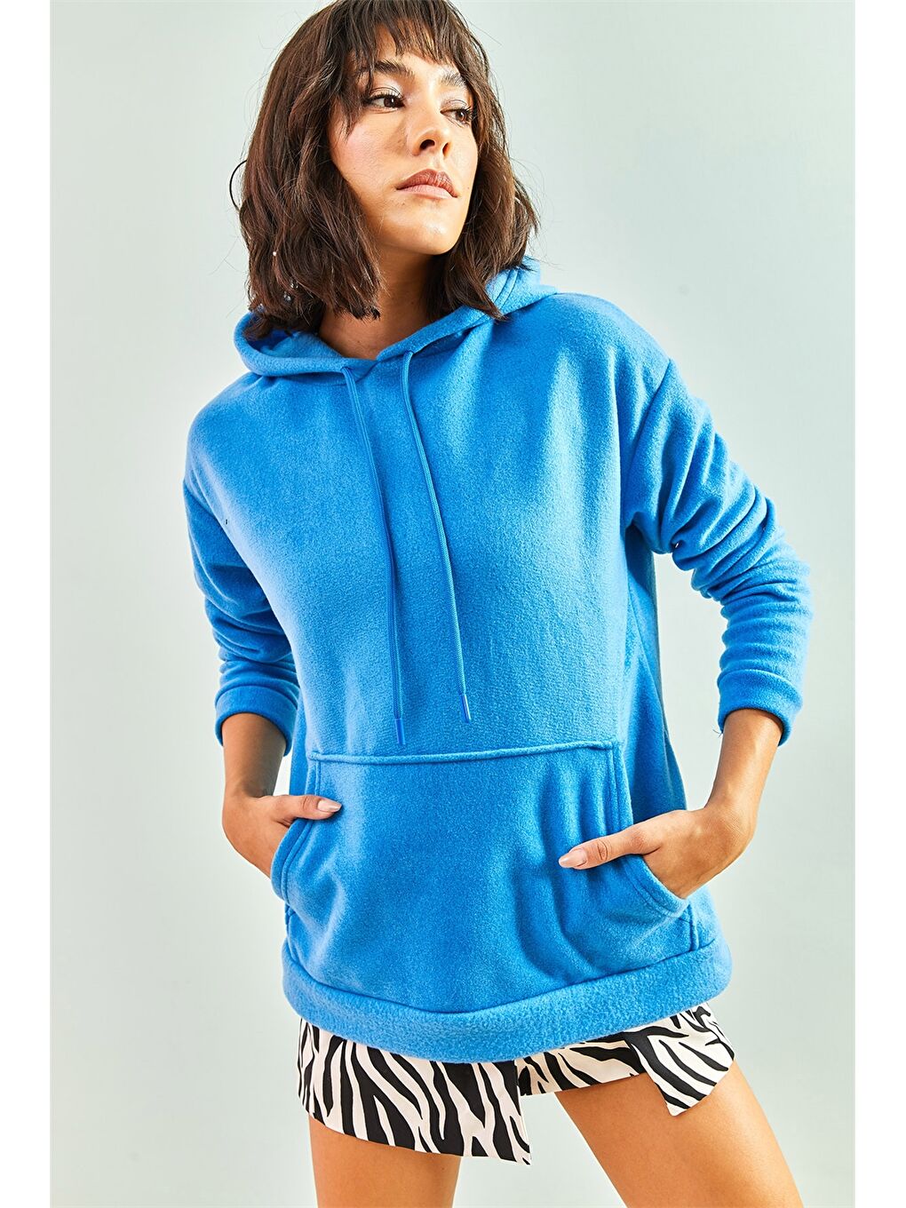 Mavi Kapüşonlu Düz Uzun Kollu Kadın Sweatshirt-3