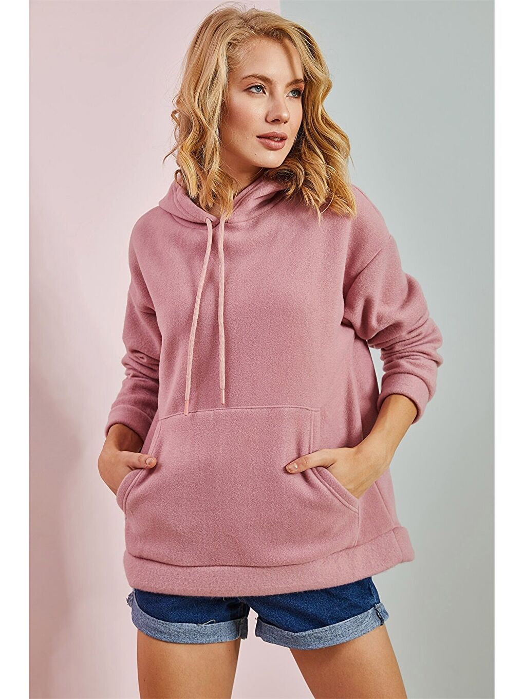 Pembe Kapüşonlu Düz Uzun Kollu Kadın Sweatshirt