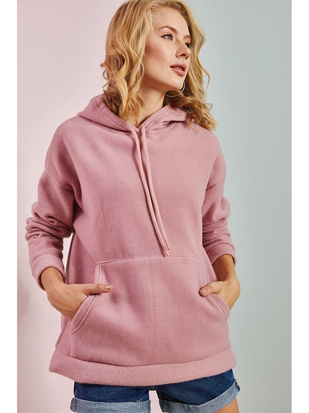 Pembe Kapüşonlu Düz Uzun Kollu Kadın Sweatshirt-1