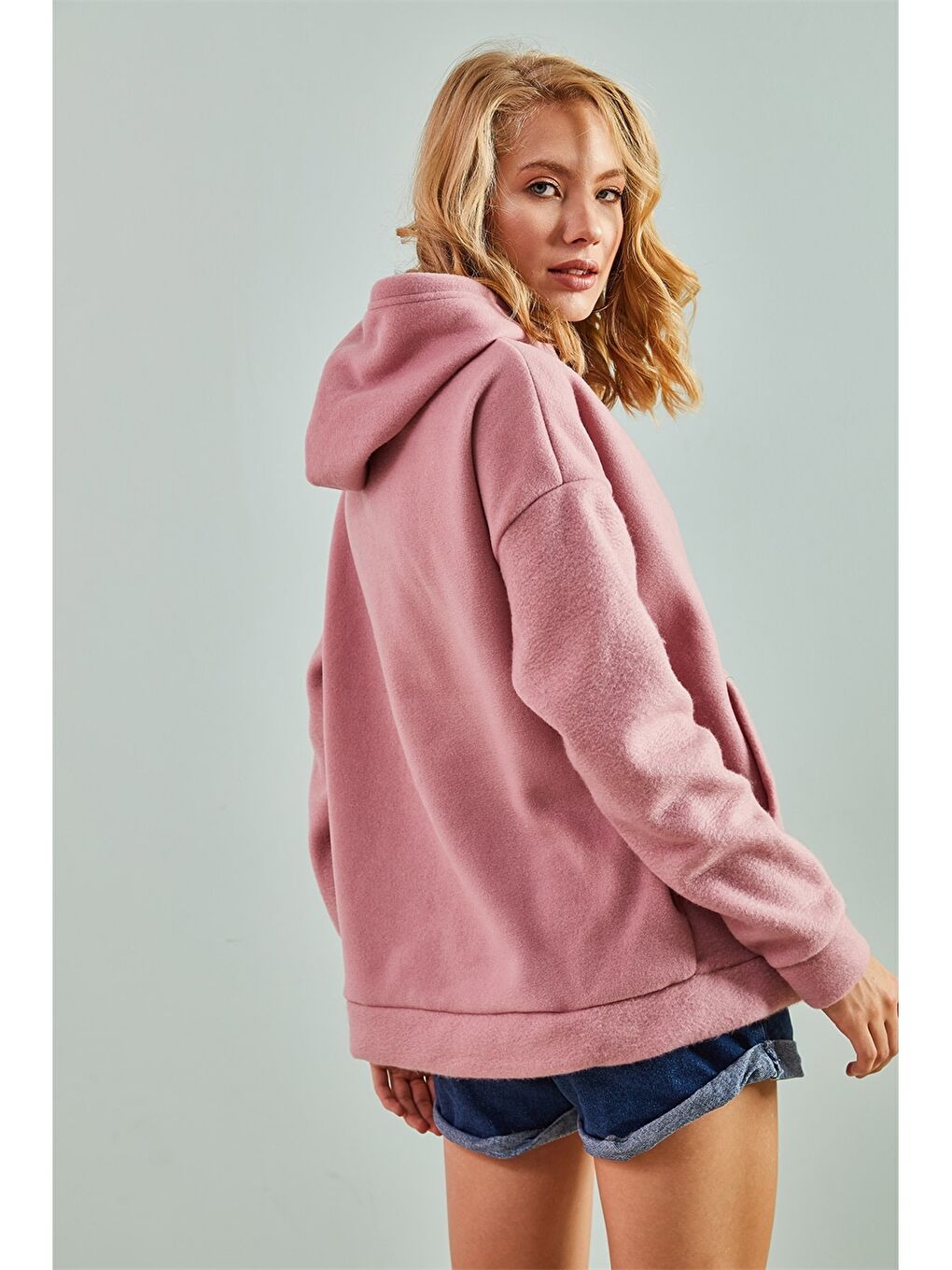 Pembe Kapüşonlu Düz Uzun Kollu Kadın Sweatshirt-3