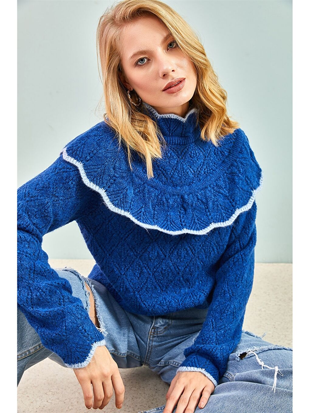 Mavi Dik Yaka Kendinden Desenli Kadın Triko Kazak-2