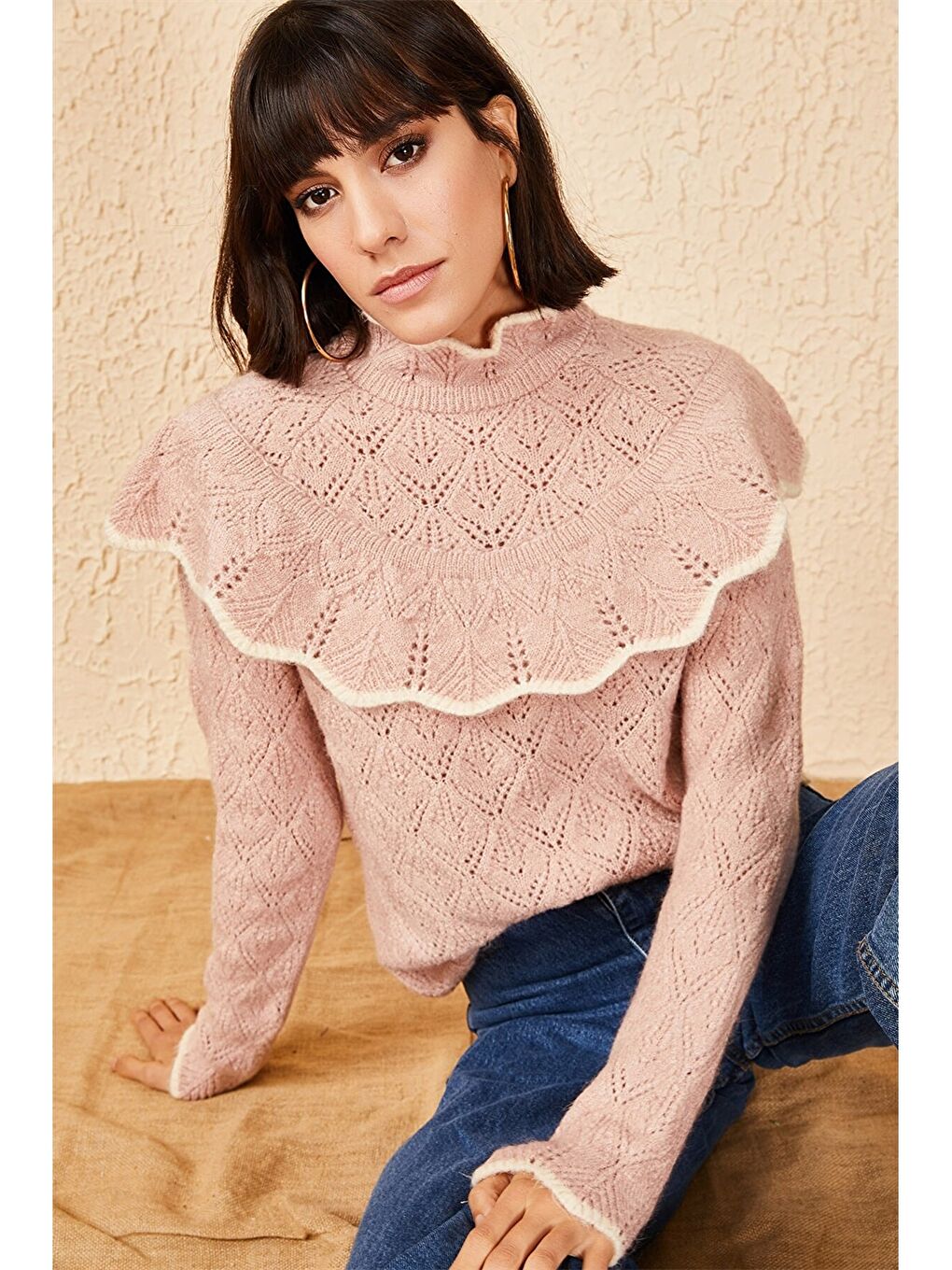 Pembe Dik Yaka Kendinden Desenli Kadın Triko Kazak-1