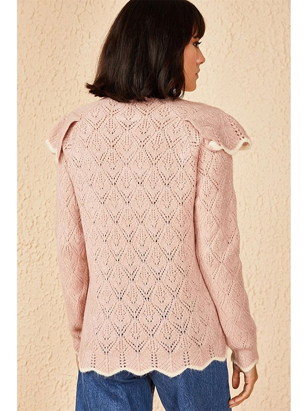 Pembe Dik Yaka Kendinden Desenli Kadın Triko Kazak-3