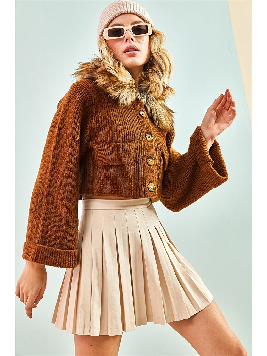 Кардиган из трикотажа с меховым воротником, прямой крой, длинный рукав, для женщин-2