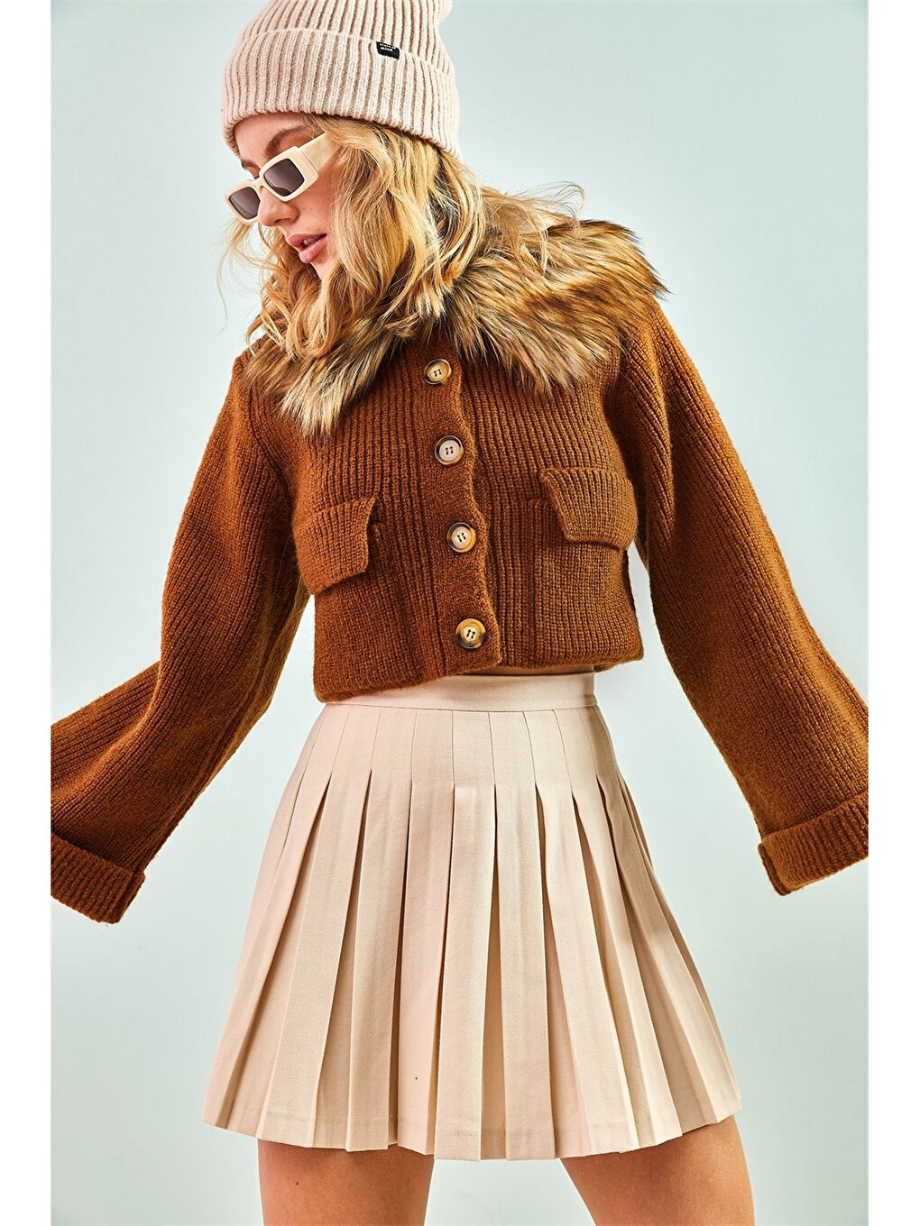 Кардиган из трикотажа с меховым воротником, прямой крой, длинный рукав, для женщин-3