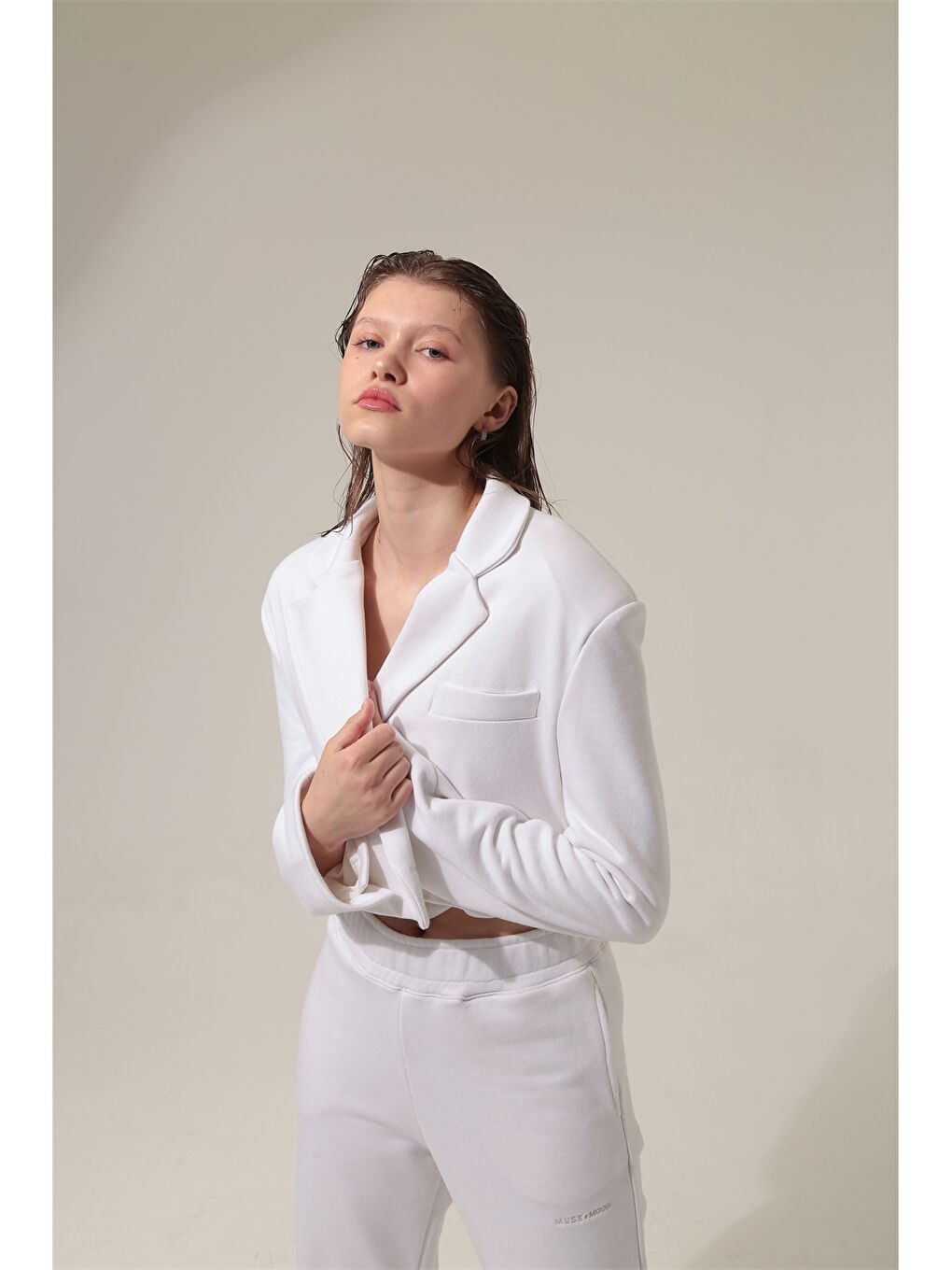 Beyaz Düz Uzun Kollu Crop Kadın Blazer Ceket-1