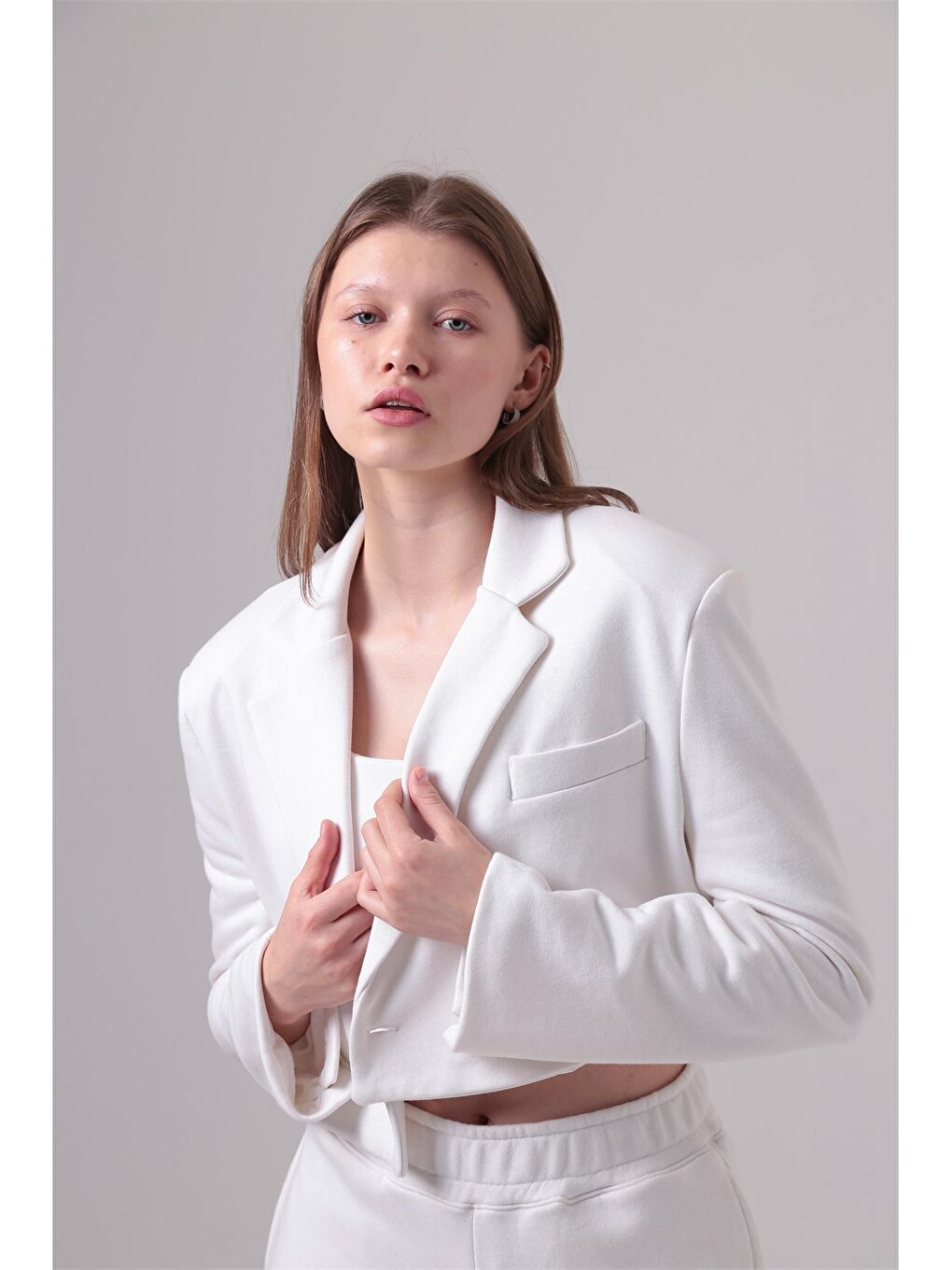 Beyaz Düz Uzun Kollu Crop Kadın Blazer Ceket-4