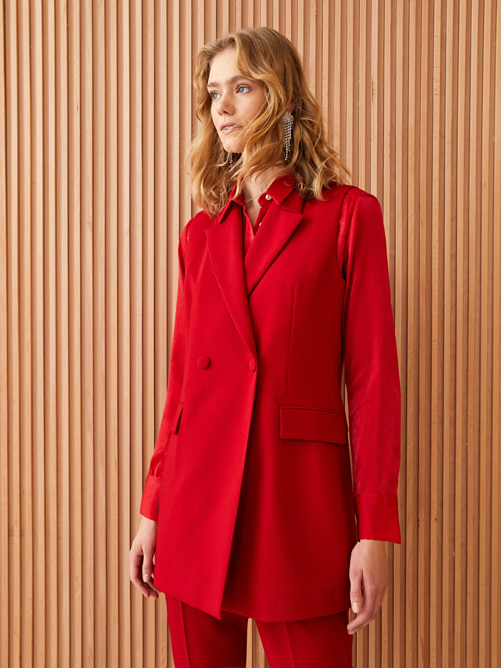 Kırmızı Kadın Ceket Yaka Düz Yelek