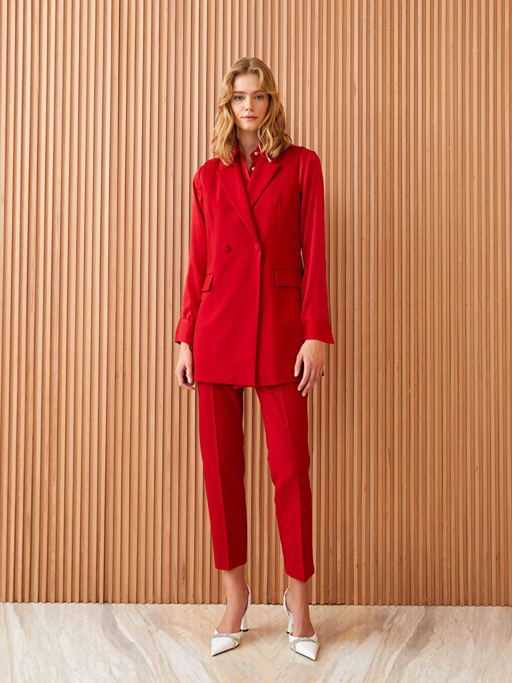 Kırmızı Kadın Ceket Yaka Düz Yelek-2