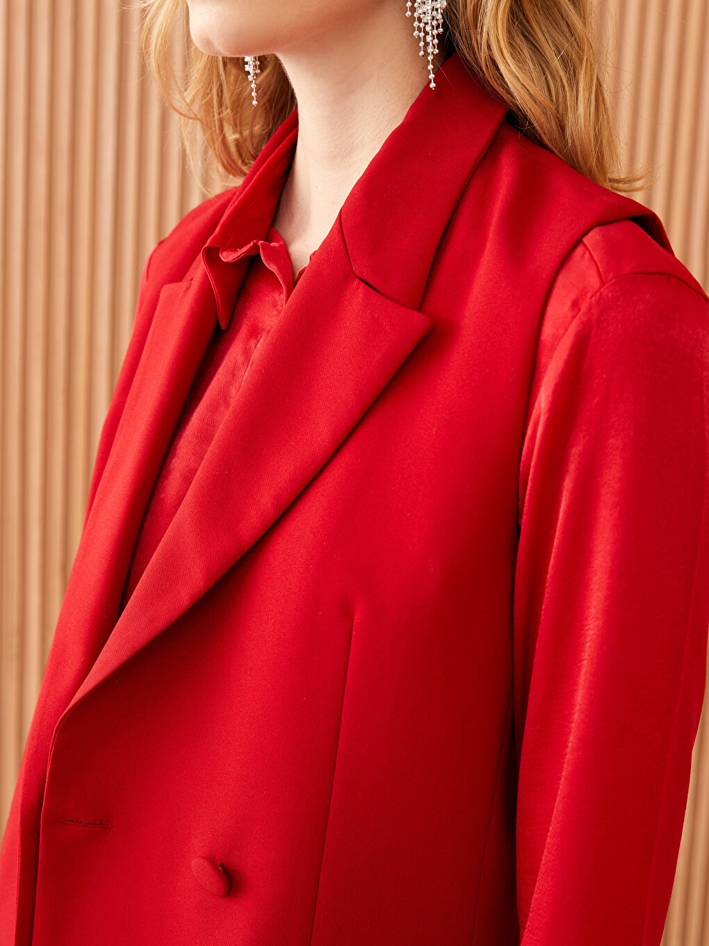 Kırmızı Kadın Ceket Yaka Düz Yelek-3