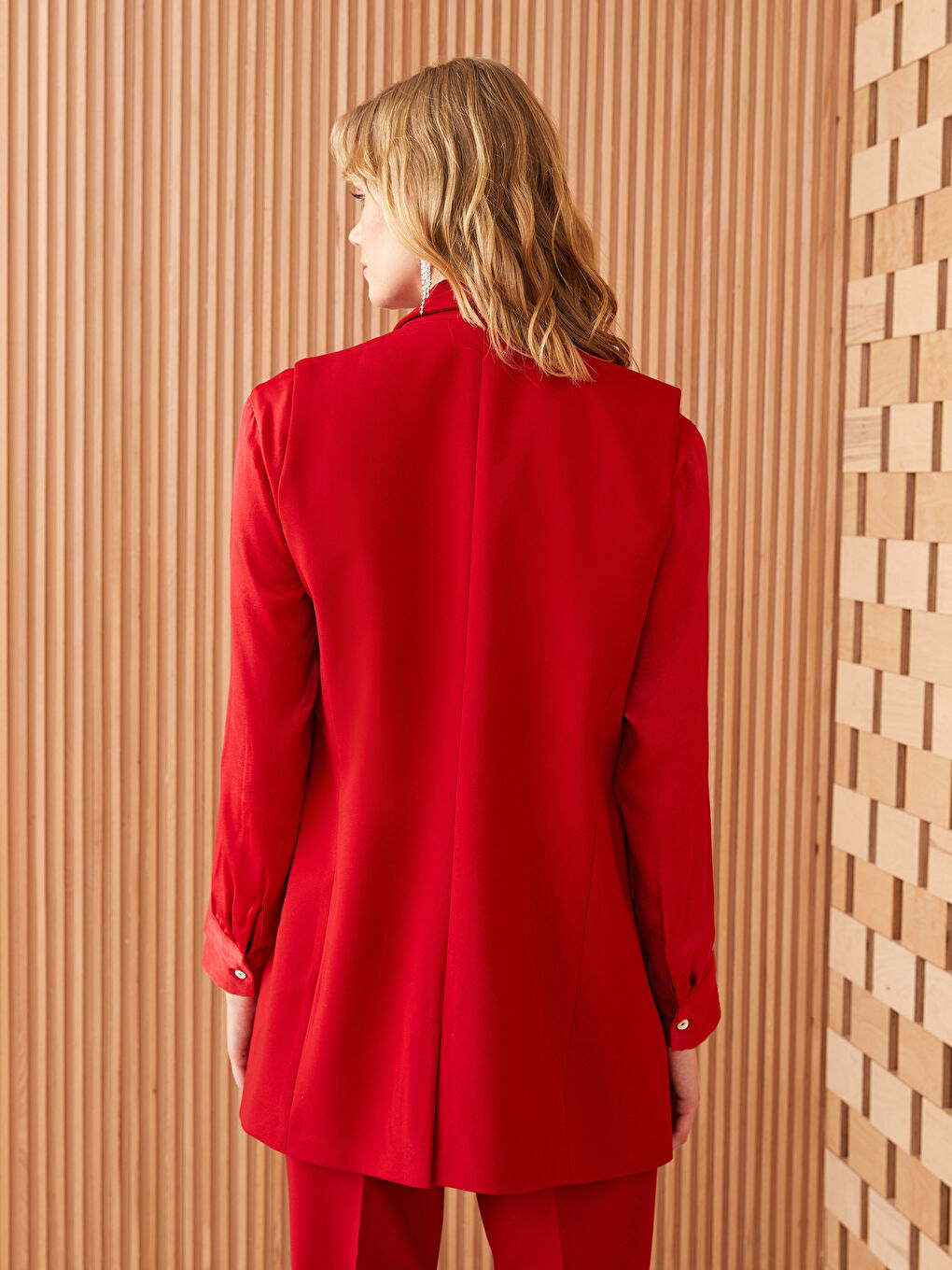 Kırmızı Kadın Ceket Yaka Düz Yelek-4