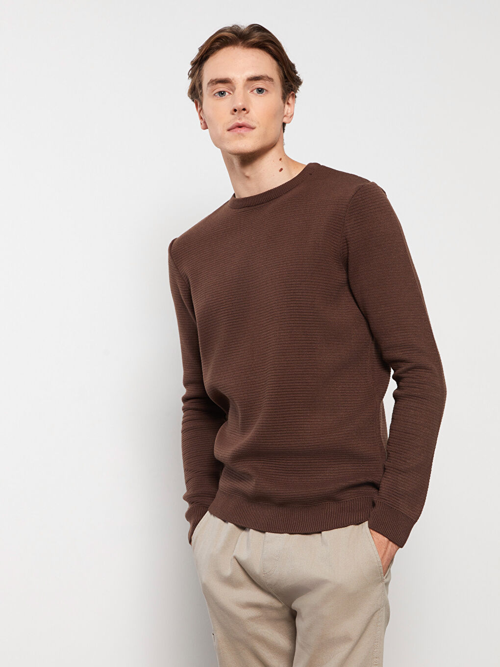 Kahverengi Bisiklet Yaka Erkek Triko Kazak-1