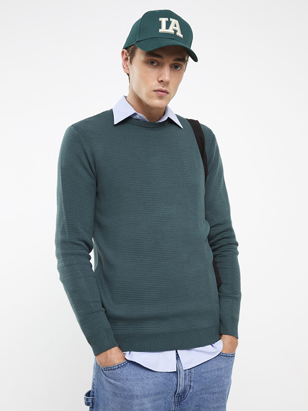 Yeşil Bisiklet Yaka Erkek Triko Kazak-1