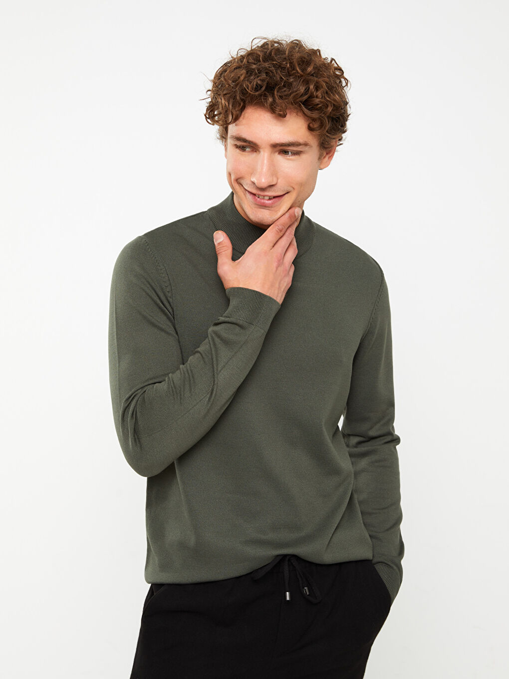 Yeşil Yarım Balıkçı Yaka Uzun Kollu Erkek Triko Kazak-1