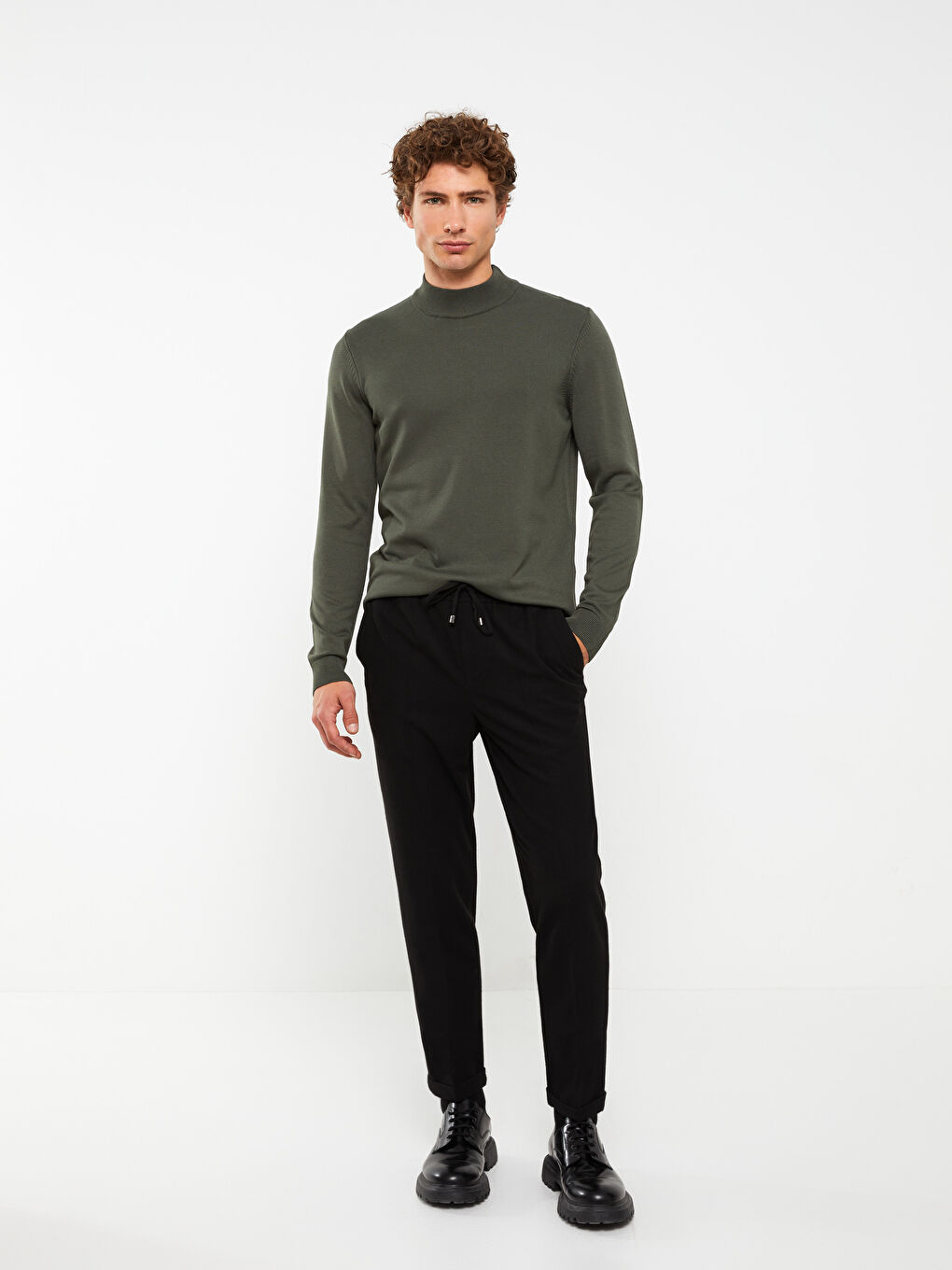 Yeşil Yarım Balıkçı Yaka Uzun Kollu Erkek Triko Kazak-2