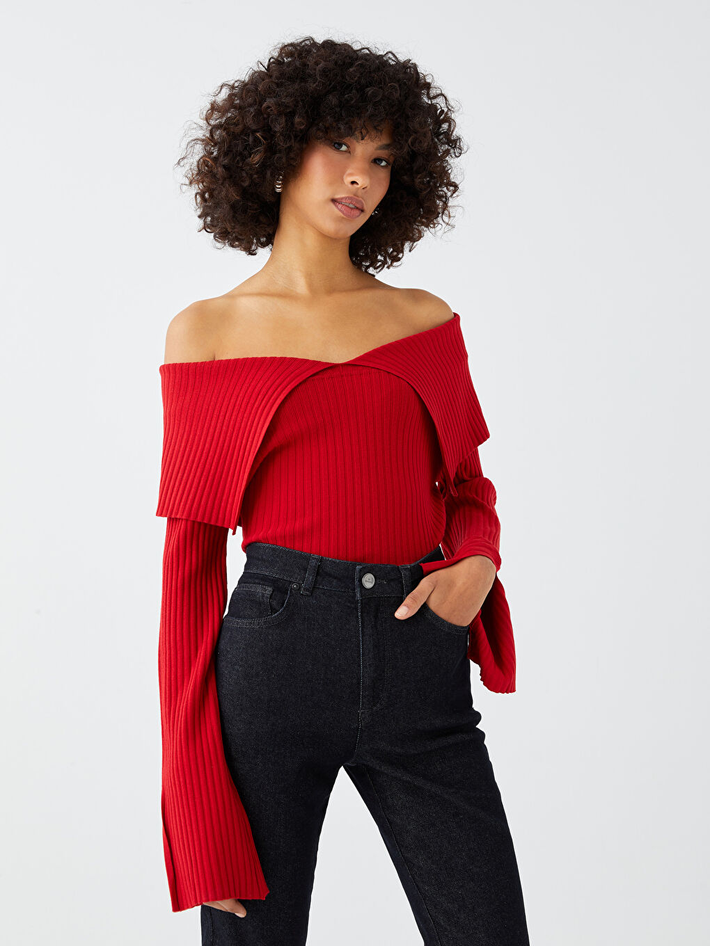 Kırmızı Kayık Yaka Düz Uzun Kollu Kadın Triko Kazak