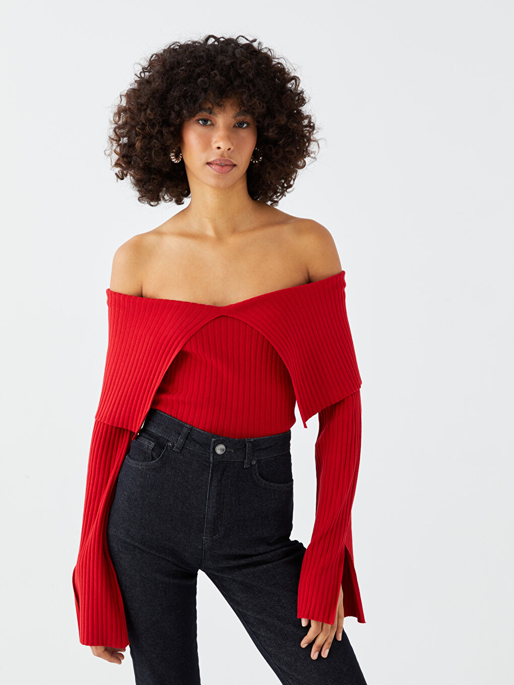 Kırmızı Kayık Yaka Düz Uzun Kollu Kadın Triko Kazak-1