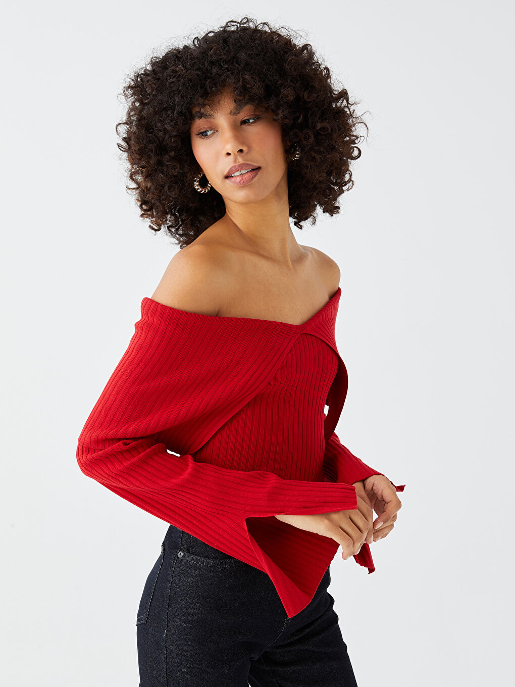 Kırmızı Kayık Yaka Düz Uzun Kollu Kadın Triko Kazak-2