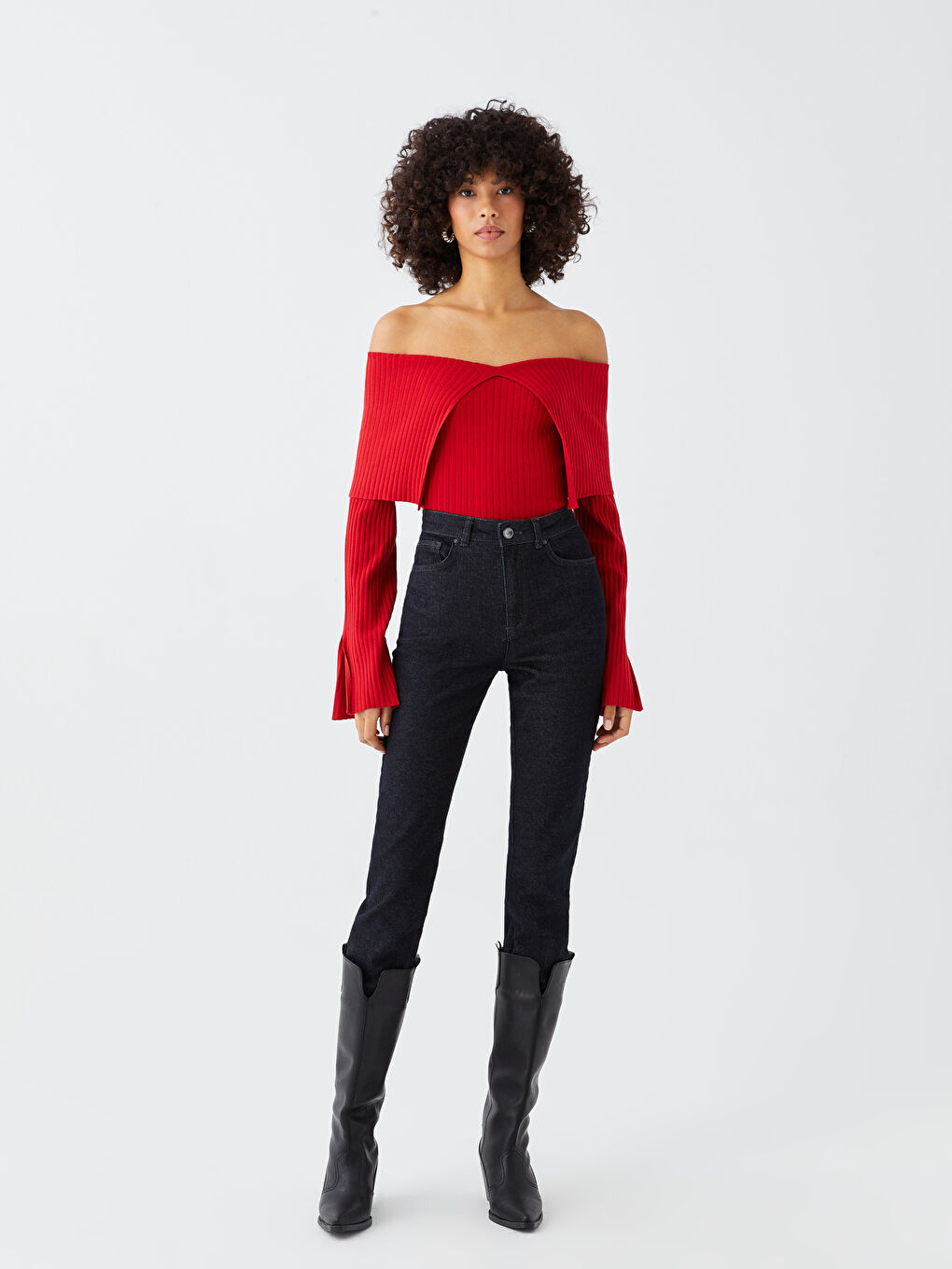 Kırmızı Kayık Yaka Düz Uzun Kollu Kadın Triko Kazak-3