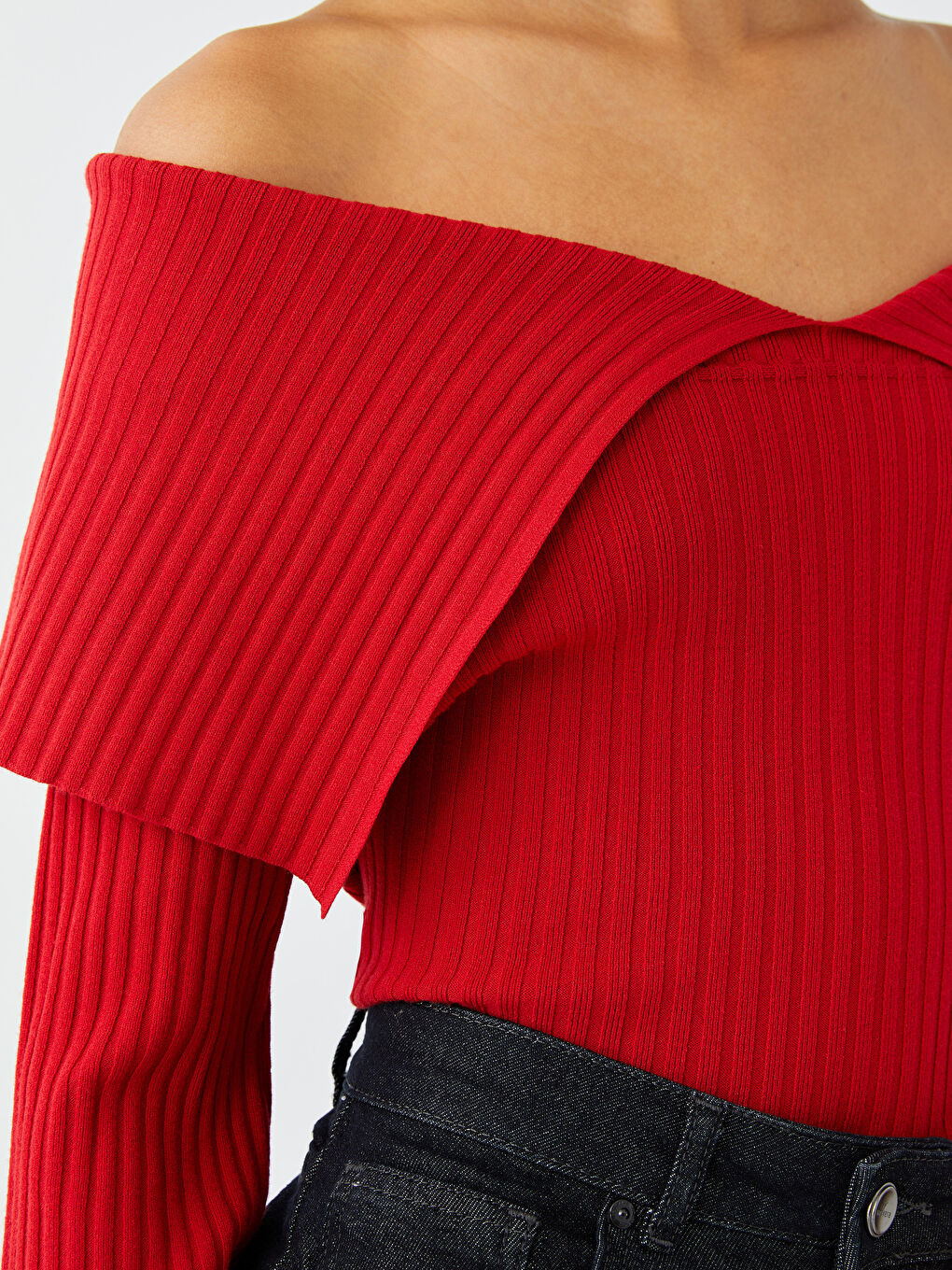 Kırmızı Kayık Yaka Düz Uzun Kollu Kadın Triko Kazak-4