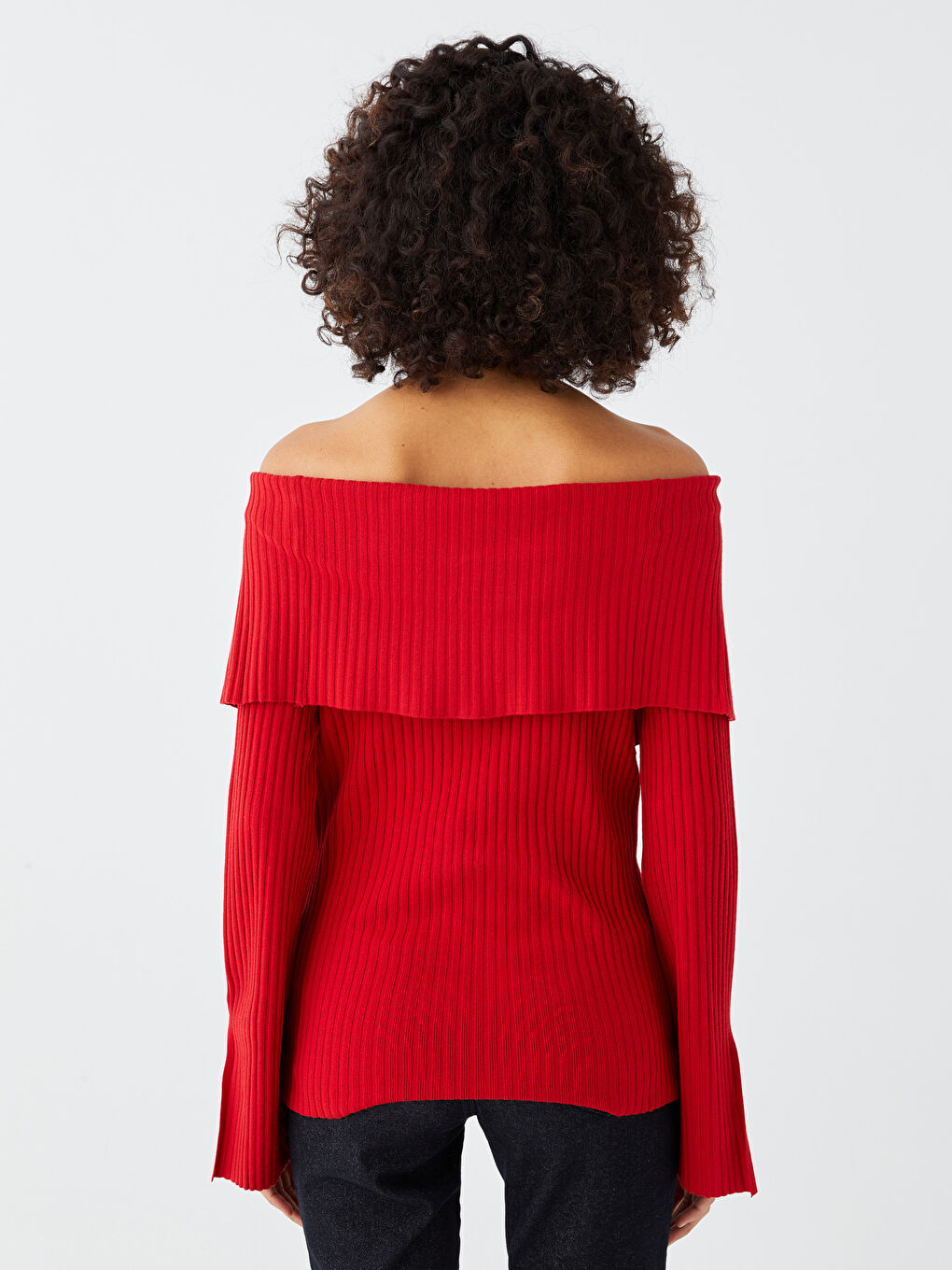 Kırmızı Kayık Yaka Düz Uzun Kollu Kadın Triko Kazak-5